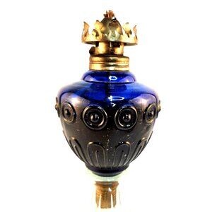 Vintage Blue Glass Oil Lamp With Brass Crown Burner Made In Hong Kong Decorative